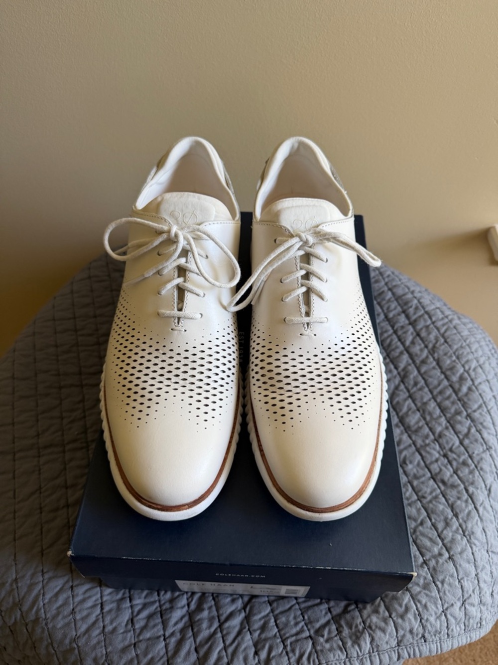 Cole Haan White Perforated Leather Lace-Up Oxfords with Tan Welt